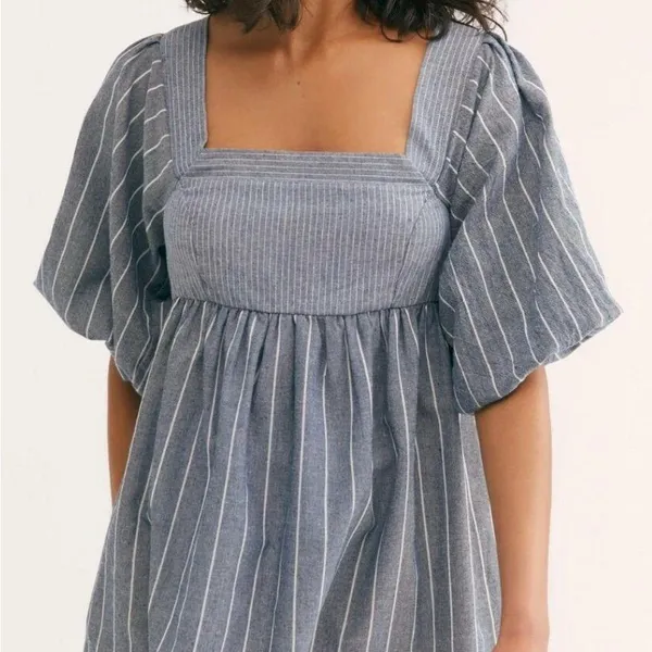 Free People Blue and White Textured Dress - Image 3