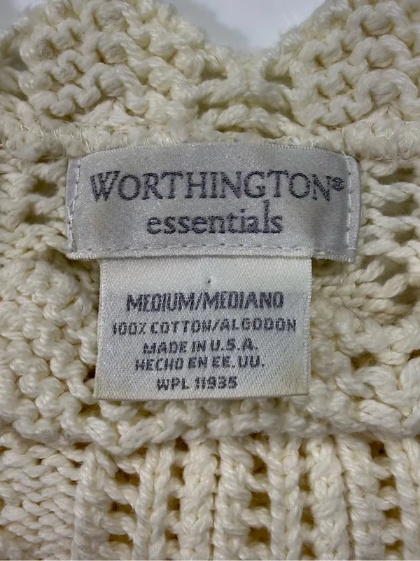 Worthington 100% Cotton Cream Scalloped-Hem Openwork Crewneck Sweater - Image 5