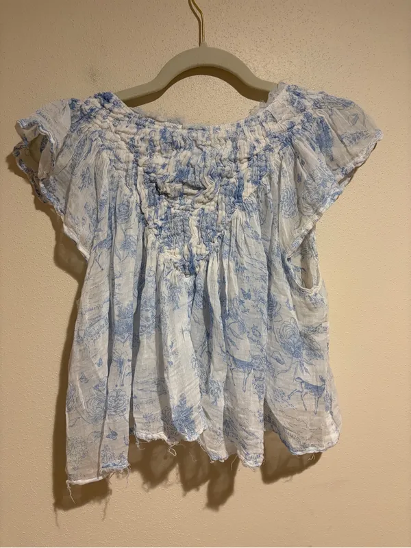 Free People FP One Printed Padma Top White Blue Toile Pattern Crop Blouse Top S - Image 10