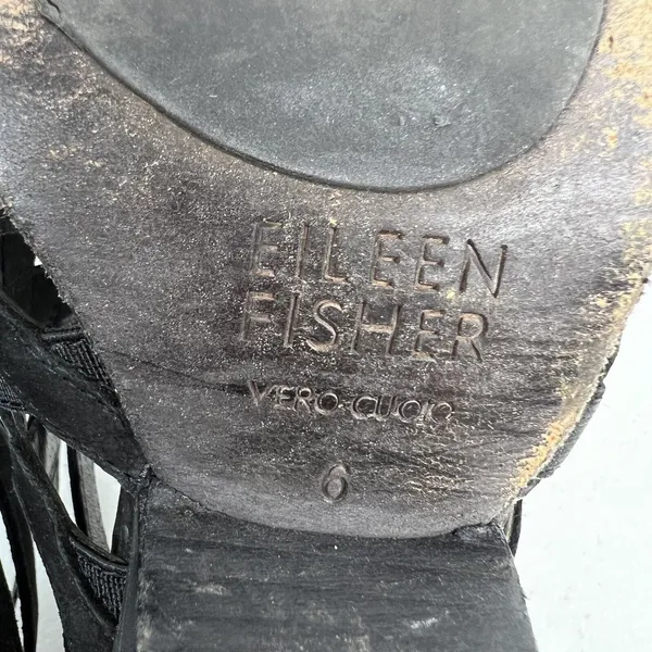Eileen Fisher 6 Oodle Black Criss Cross Sandal Wedge Nubuck Leather Stacked Heel - Image 13