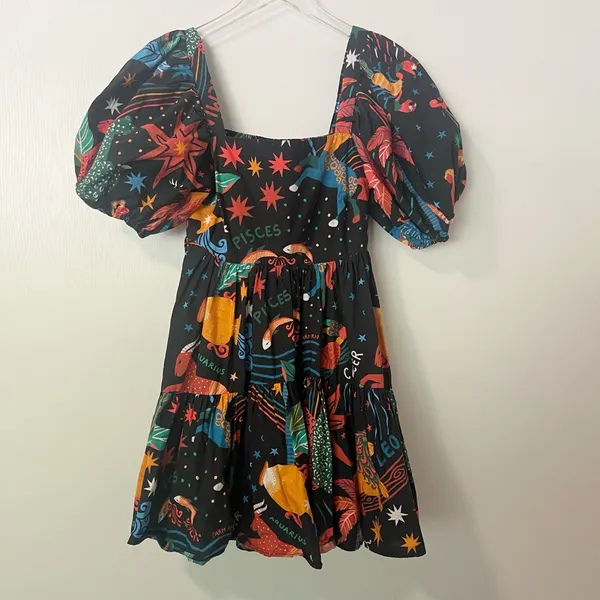 FARM RIO Zodiac Printed Mini Dress‎ size Small Puff Sleeves Celestial Witchy - Image 4