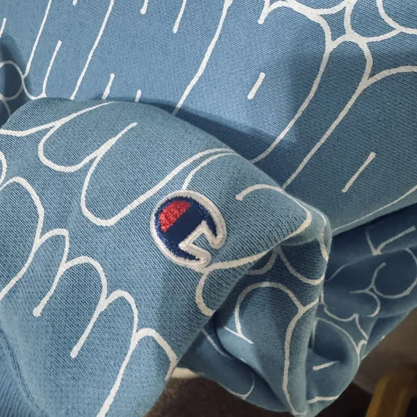 Champion Reverse Weave Sweatshirt Womens XS Light Blue Logo Spellout AOP - Image 3
