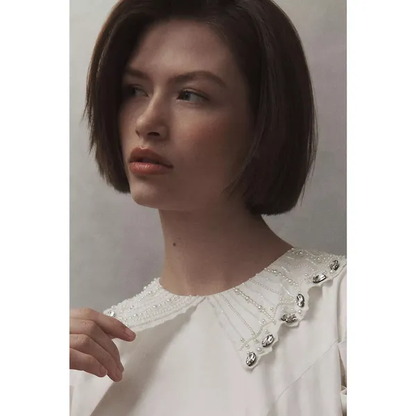 Anthropologie BHLDN Pearl Crystal Collar Puff Sleeve Ivory Mini Dress M‎ - Image 11