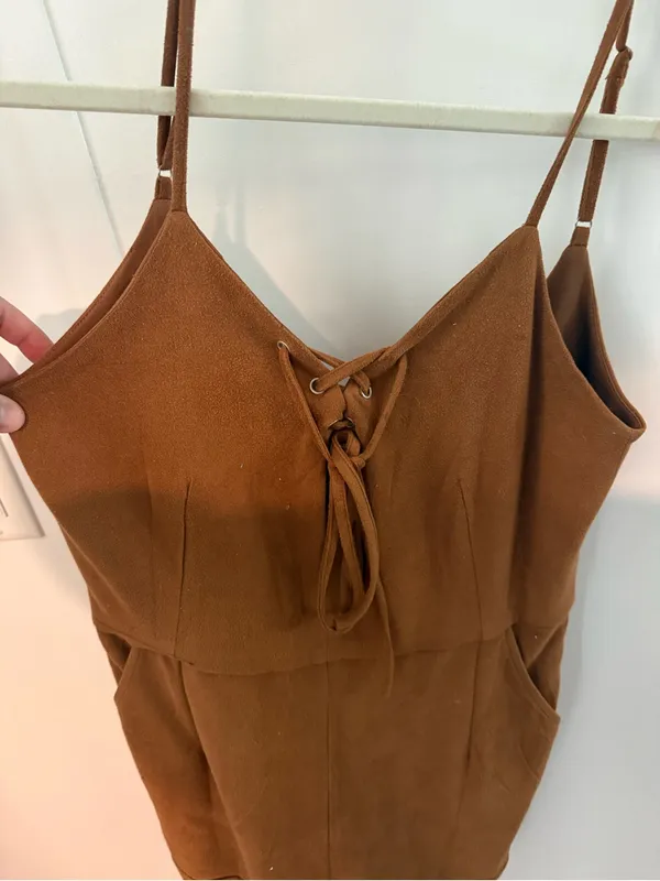 Sleeveless Lace-Up Romper in Rust Brown - Image 2