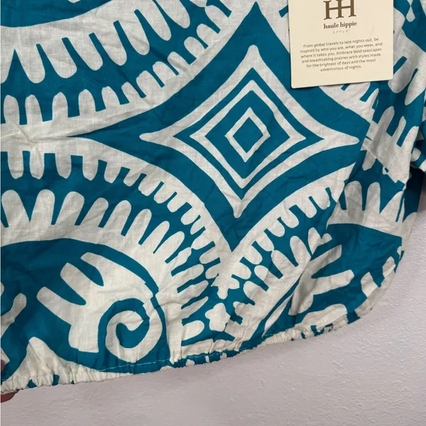 Haute Hippie Blouse Size L Teal White Geometric Puff Sleeve Cropped Half Sleeve - Image 5