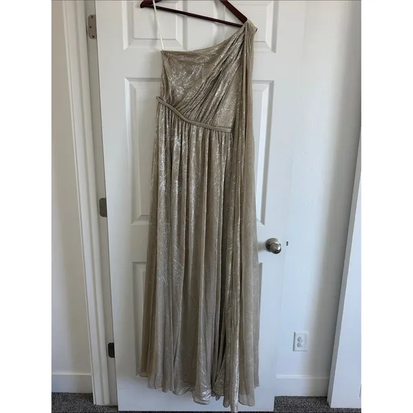 Halston Heritage Metallic One Shoulder Grecian Draped Gown Champagne Size 4 NWOT - Image 4
