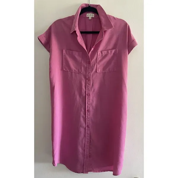 Wonderly Women's Short Cap Sleeve Shirtdress Hamilton Pink Button Down S - Image 9