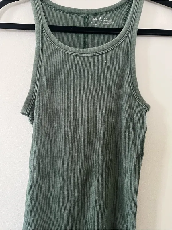 Aerie Olive Green Ribbed Tank Top Medium Minimalist Capsule Basic Loungewear - Image 3