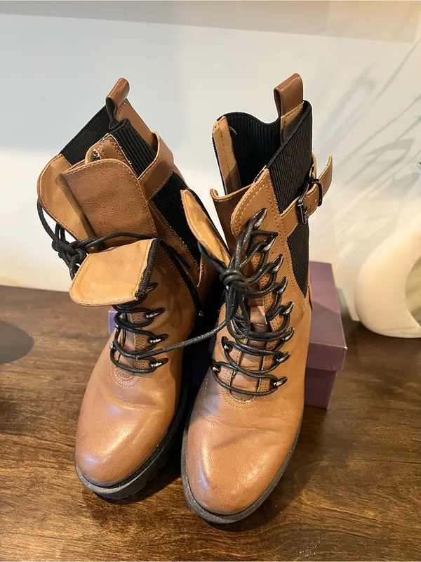 Women's Tan Lace-Up Combat Boots with Buckle Detail - Image 3
