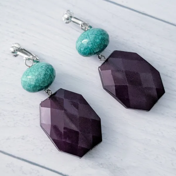 Vintage Clip On Earrings 1.25" Dark Purple & Turquoise Tone Large Chunky Dangle - Image 3
