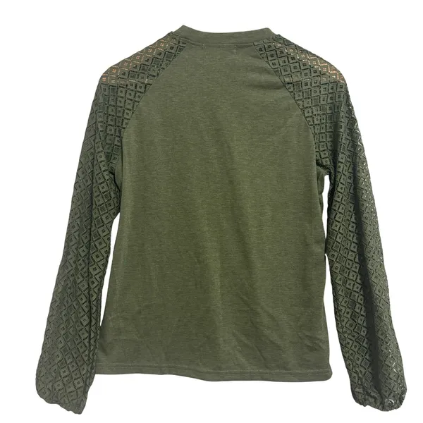 Lace Sleeve Top Womens S Olive Green Pleated Balloon Sleeve Boho Office Feminine - Image 3