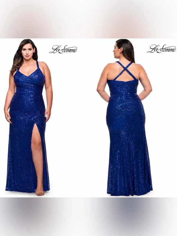 LA FEMME Curve Blue Sequin Formal Thigh‎ Slit Open Back Dress Sz 16 Homecoming - Image 2