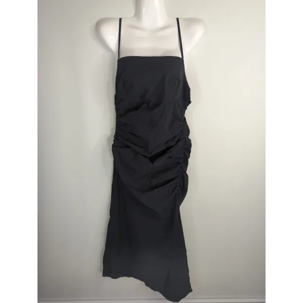 Zara Black Ruched Side Midi Dress Strapy High Slit‎ Women's Large Party Cocktail - Image 2