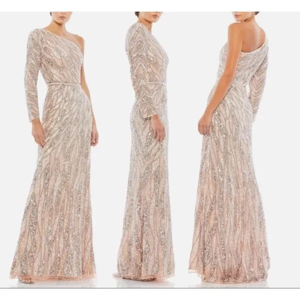 MAC DUGGAL 4982 EMBELLISHED ONE SLEEVE W/ SEQUIN BELT ROSE GOLD GOWN sz 8 - Image 2