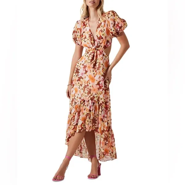 ASTR Jennell Summer Boho Maxi Dress Wedding Guest Vacation in Brown Red Floral - Image 2