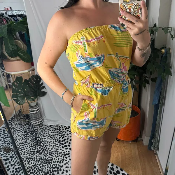 Kimchi Blue Palm Beach Strapless Playsuit Romper Yellow Size Medium 80s - Image 2