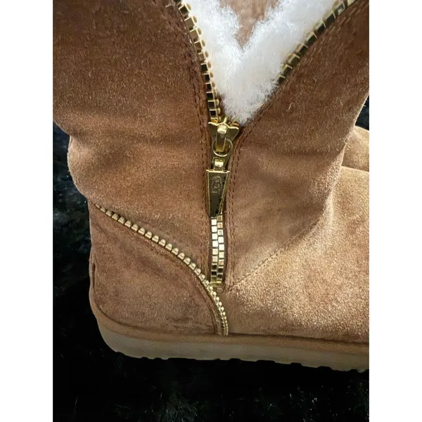 UGG Mini Florence Side Zip Womens Boots Chestnut Suede Sheepskin 8 - Image 6