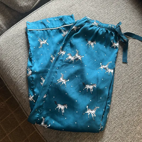 LOFT Teal Satin Sleep Pants with White & Black Zebra Print | Size Small - Image 10