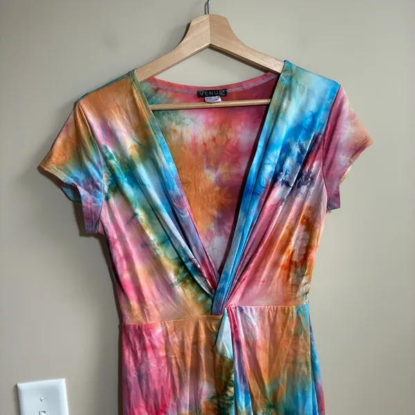 Venus Tie Dye Maxi Dress Small Multi Color Womens Twist Front V-Neck Stretch - Image 2