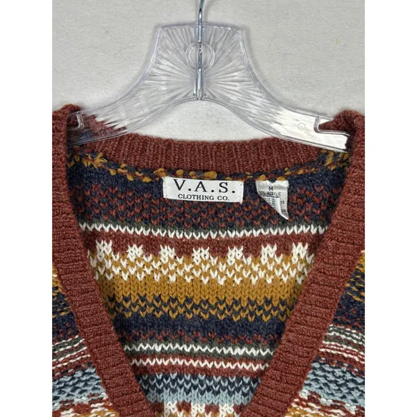 Vintage Womens Fair Isle Striped Knit Cardigan Sweater Buttons V Neck Wool Sz M - Image 3