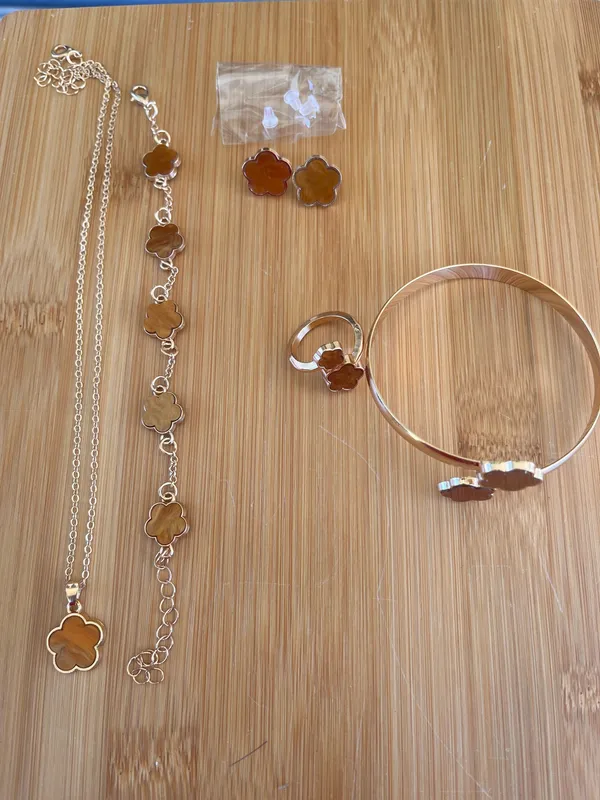 Gold & Brown Clover Flower Jewelry Set - Necklace, Bracelet, Ring, Earrings - Image 2