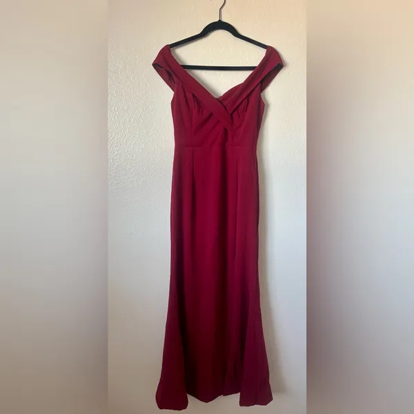 Lulus // Song of Love Wine Red Off-the-Shoulder Maxi Dress - Image 3