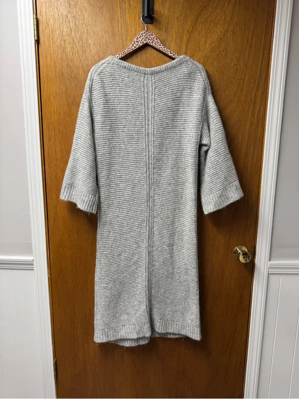 J. Crew Relaxed Tie Neck Long Sleeve Knit Sweater Midi Dress Wool Blend Gray S/M - Image 12