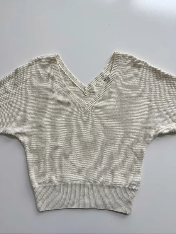 Anthropologie Cream V-neck Waffle Knit Cotton Oversized Pullover Sweater Small - Image 4