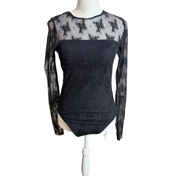 Abercrombie Black Lace Long Sleeve Bodysuit Small Sheer Mesh - Image 2