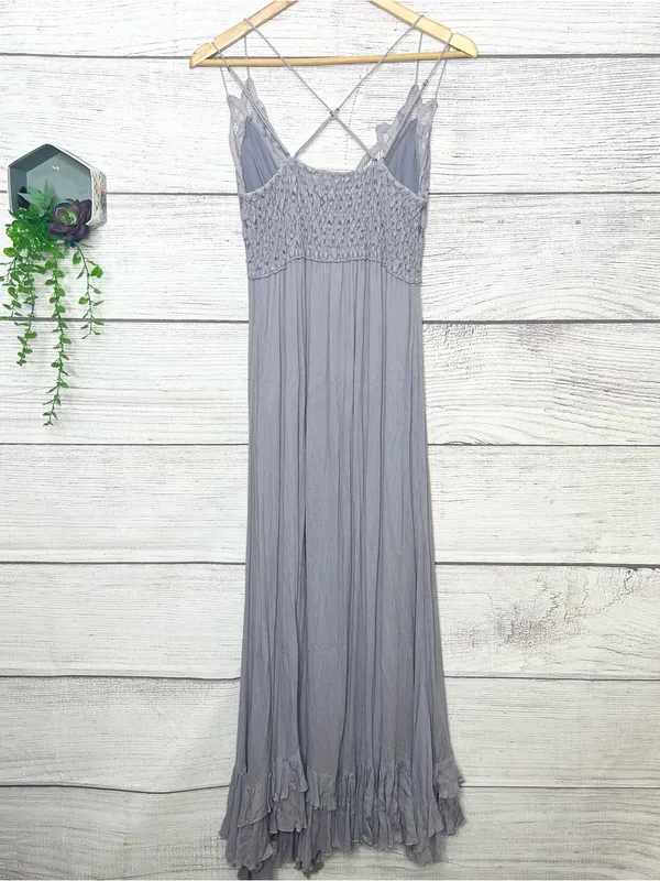 Free People Adella Crochet Lace Maxi Slip Dress in Light Gray Size Medium - Image 9