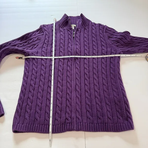 LL Bean Purple Mock Neck Full Zip Cable Cotton Cardigan Sweater Size SMALL - Image 7