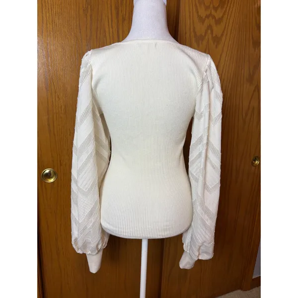 Flying Tomato Cream Ribbed Knit Top Gold Crest Buttons Lace Balloon Sleeve M - Image 5