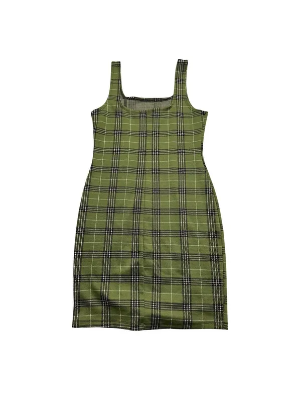 Popular Basics Green Plaid Bodycon Dress Womens Size L Sleeveless Stretch Casual - Image 2