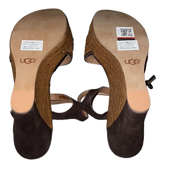 Ugg Brown Leather and Straw Wedge Sandals Size 8.5 - Image 5