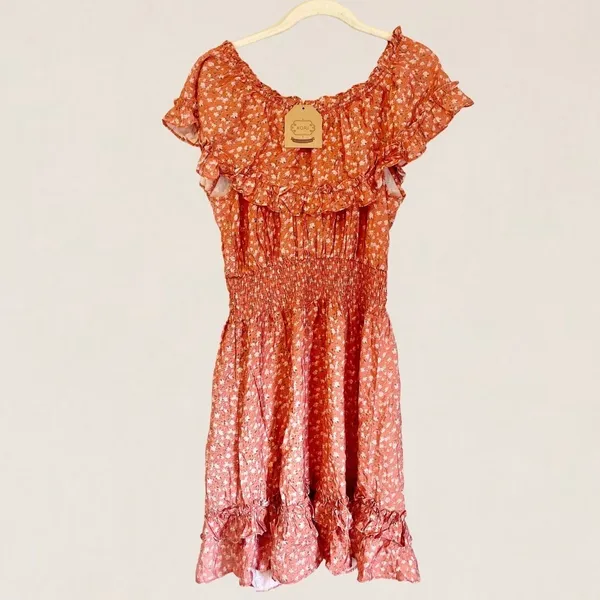 Kori America Orange Ditsy Floral‎ Smocked Off The Shoulder Mini Dress Size Med - Image 3