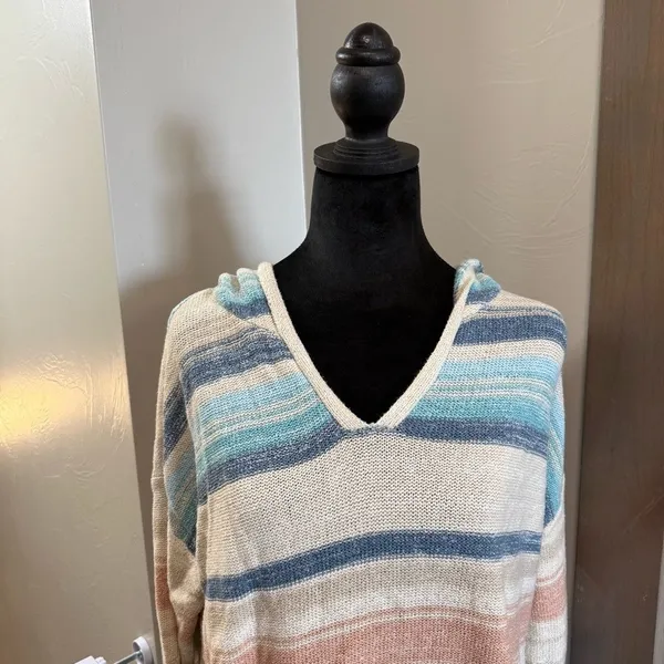 North River Colorful Knit Cotton Blend V-Neck Hoodie Sweater Striped Pastel L‎ - Image 2