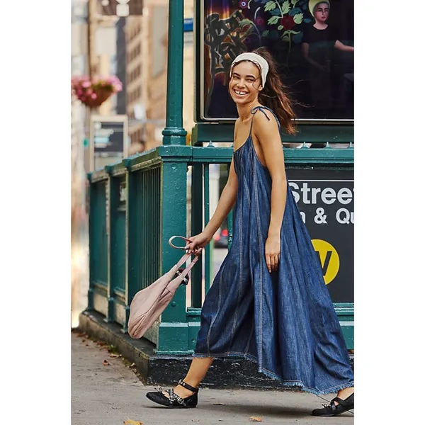 Free People Denim Dreams Midi Maxi Dress in 70s Blue Large Jean Jumper Retro - Image 4