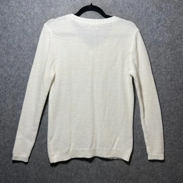 Tommy Hilfiger White V-Neck Cotton Knit Sweater‎ Womens Large Textured Pullover - Image 7