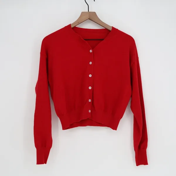 Red Cropped Button Front Cardigan Crew Neck Knit Sweater Mens M - Image 2