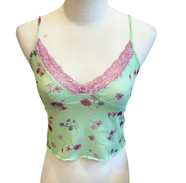 Motel Rocks Floral Lace Mesh Cami Tank Top Semi Sheer Crop Top Green Purple S - Image 3