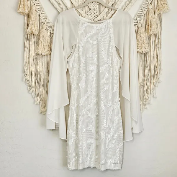 One33 Social White Sequin Cape Minidress Size 10 Bridal Cocktail Sheath - Image 7