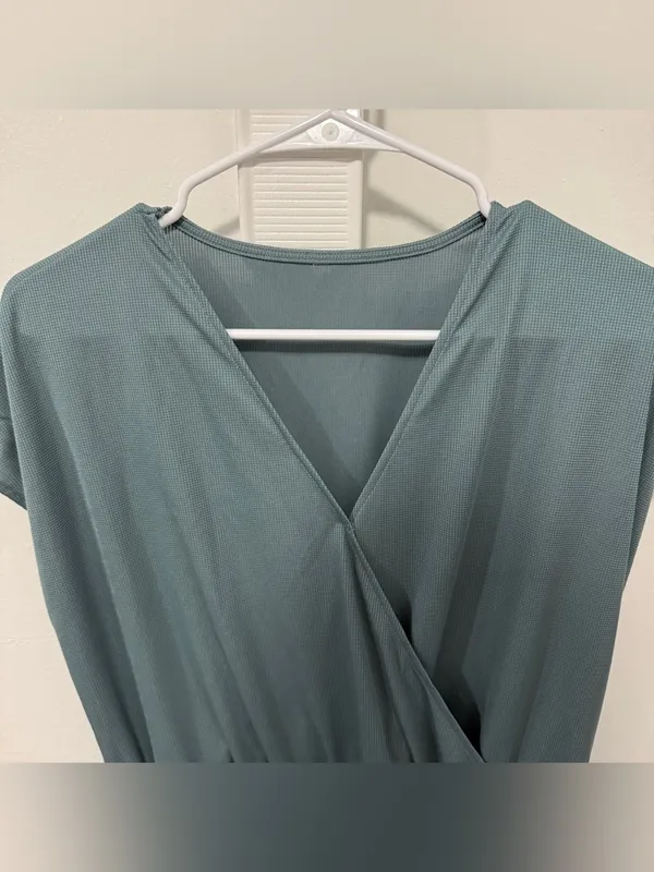 NWOT Halara Blue V Neck Short Sleeve Wide Leg Flowy Waffle Casual Jumpsuit - Image 8