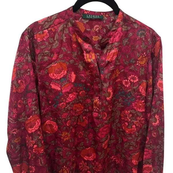 Lauren Ralph Lauren Multicolor Floral Satin Like Long Sleeve Blouse Size‎ M - Image 3