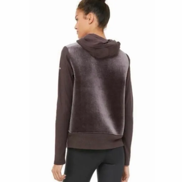 ALO Yoga Luxe Long Sleeve Block Party Hoodie – Soft Velour XS Raisin Purple - Image 3