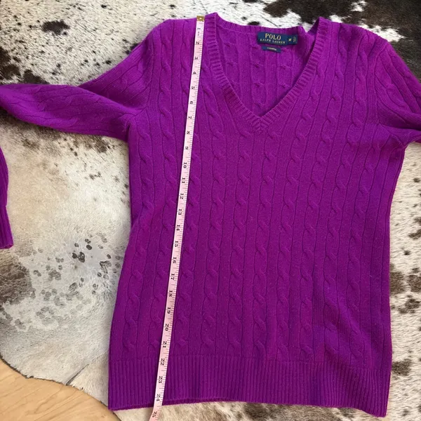 POLO RALPH LAUREN Purple V Neck Cashmere Cable‎ Knit Sweater Size Medium - Image 7