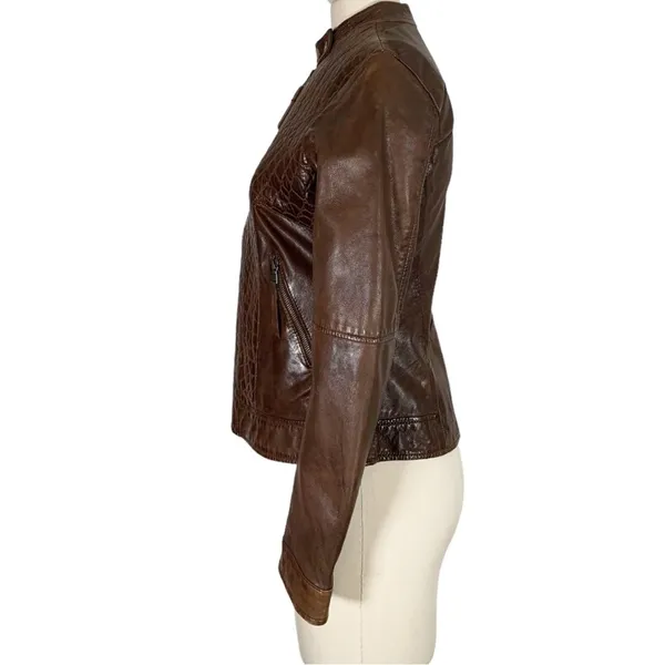 Burns 1876 Leather Embossed Zip Up Jacket Brown Size Small - Image 4