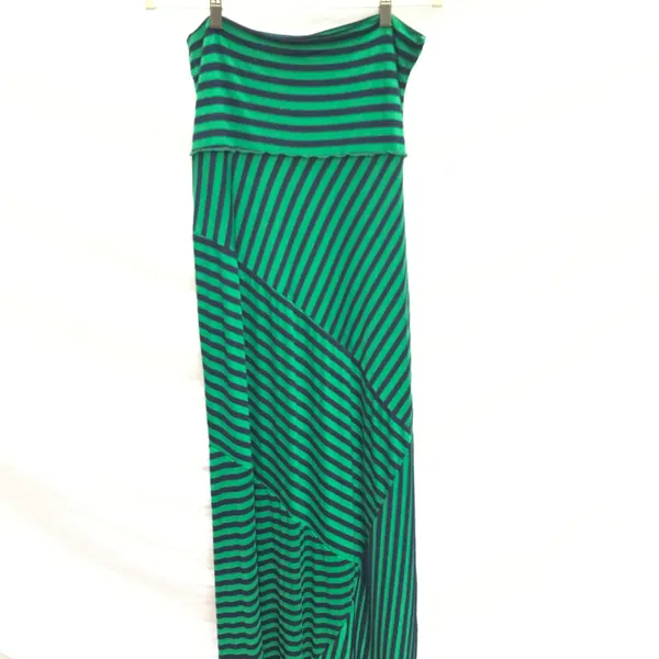 Like New Maxi Green Striped Long Skirt Asymmetrical Pattern - Image 2