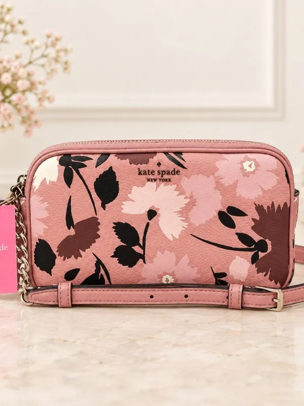 Kate Spade Floral Pebbled Leather Crossbody Pink Center Divider NWT - Image 2
