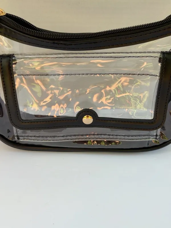 Clear Stadium Crossbody Bag Black Trim Zebra Strap Gold Hardware - Image 3