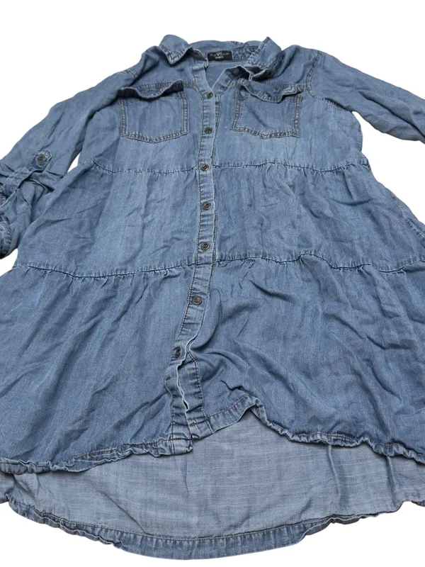 Velvet Heart Chambray Shirt Dress Medium Blue Tiered High Low Roll Tab Sleeves - Image 4